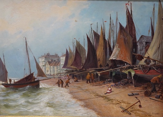 Charles Stuart, pair of oils on canvas, Coastal scenes with fishing boats, each signed and dated 1891, 24 x 34cm, ornate gilt framed. Condition - good